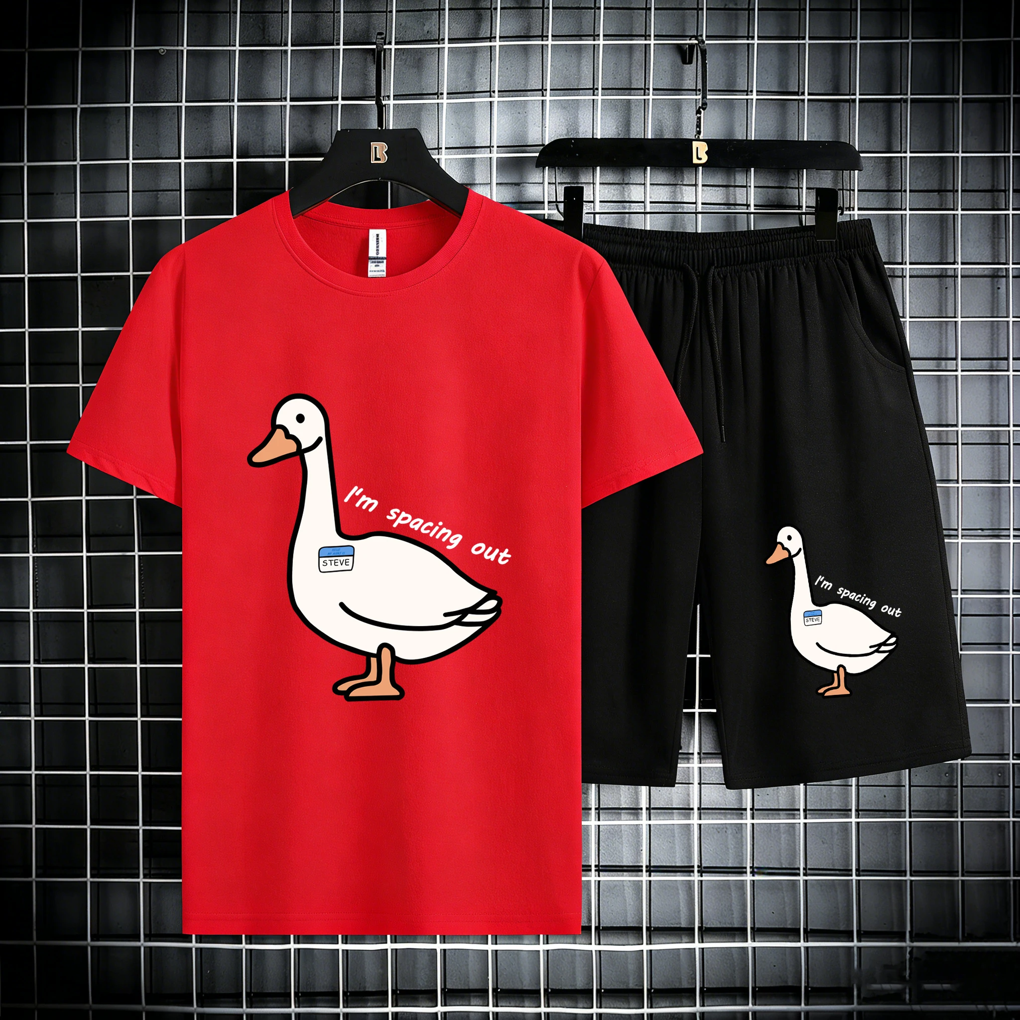 

Goose Is Lost In Thought Printed Cotton Summer Simple Tops Man'S Beach Breathable Pants Set Commute O-Neck T-Shirt Casual Shorts