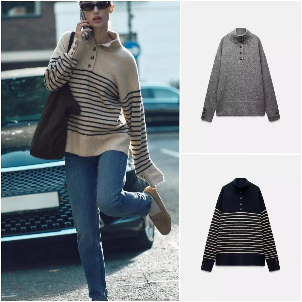 

Autumn Winter New Arrival Women's Long Sve Knitted Sweater Striped Stand Collar Button Decorated Polyester Fiber Casual Wear