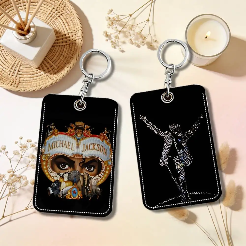 Singer M-Michael J-Jackson Leather Card Holder Keychain Key Ring Access Tags ID Card Case Keychain Card