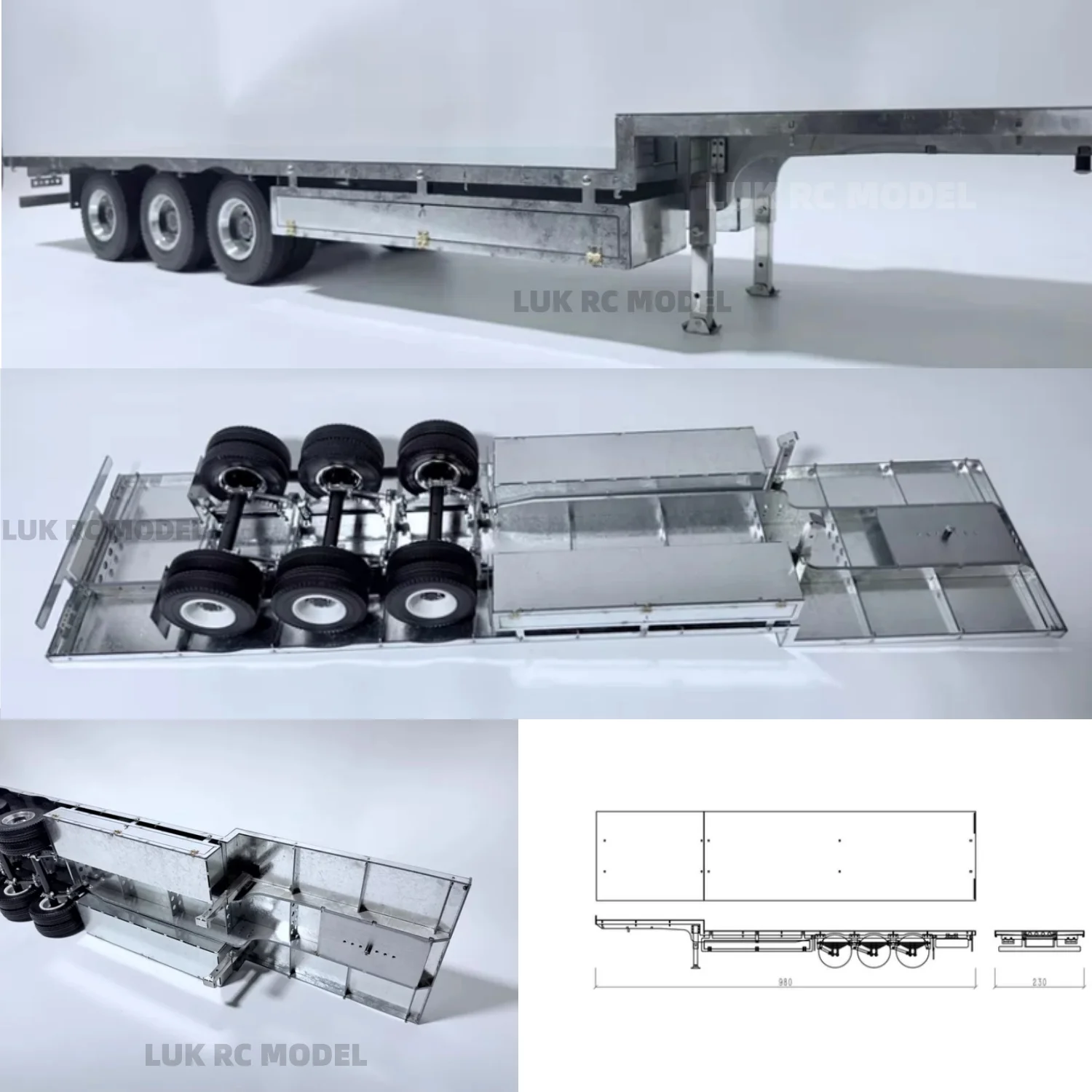 

3 Axle 1/14 Full Metal Trailer Unpainted Assembled High-low Flat Plate for Tamiya Tractor ScaleClub LESU DIY Truck Metal Wheels