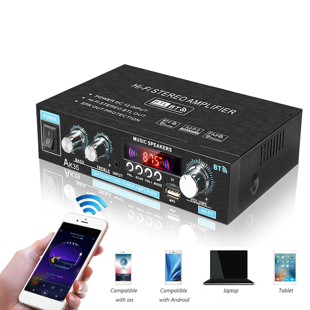 AK35 Bluetooth-compatible HiFi Audio Amplifier 2-CH Power Amp with USB TF RCA AUX + Remote
