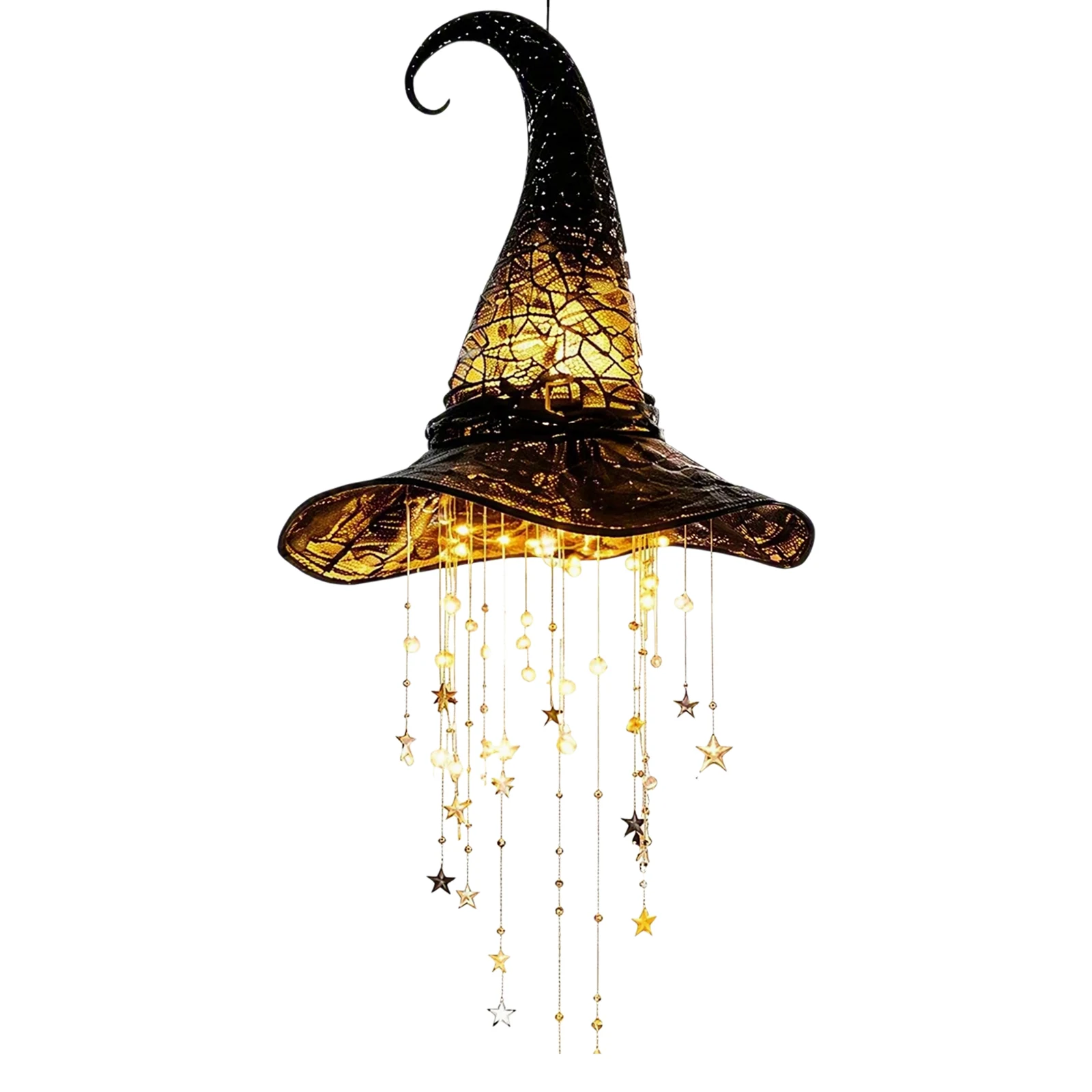 Glowing Halloween Witch Hat Hanging Wind Chime Star Ornament Lightweight Iron Fabric Door Window Porch Decor