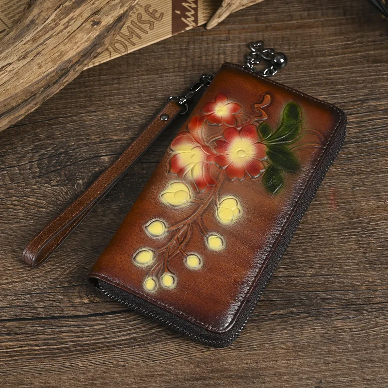 MOTAORA レディース ヴィンテージ レザー 長財布 ジッパー付き、花柄クラッチ財布、レディース用、RFIDカードホルダー レトロ リストレット ハンドバッグ