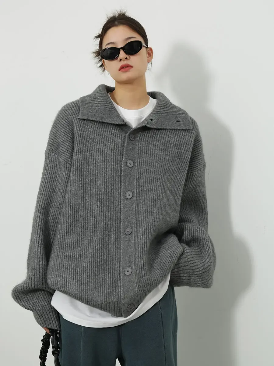 Deeptown Streetwear Oversized Cardigan Women Beige Harajuku Style Turtleneck Sweaters Mujer Solid Colo Long Sleeve Knitted Tops