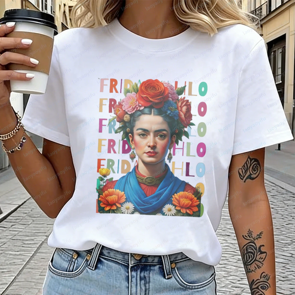 

Frida Kahlo Portrait with Flowers and Colorful Text Print Cotton T-Shirt for Women Fashion Casual Summer Streetwear Retro Tops