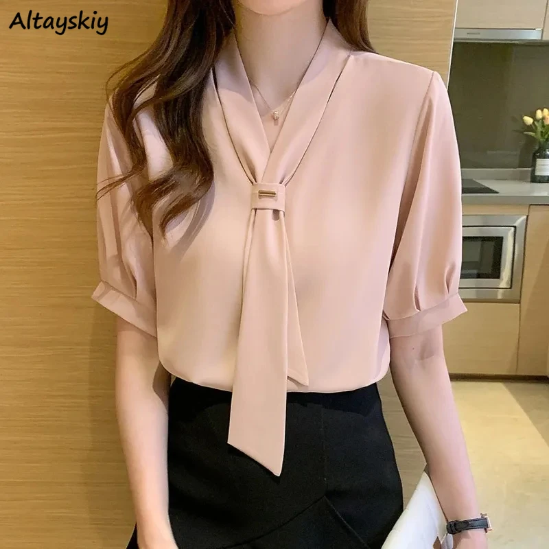 

Blouses Women Pure Office Lady Temper V-neck Summer Clothes Elegant French Fashion Aesthetic Gentle Comfort Minimalist Casual