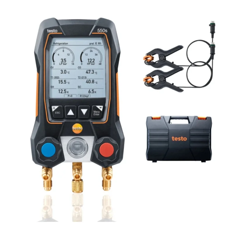 Testo 550s basic kit smart digital manifold with fixed cable clamp temperature probes