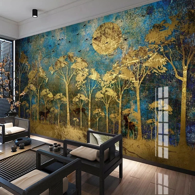 Custom Mural Chinese Abstract Golden Forest Tree Bird Deer Wallpaper Bedroom Art Living room sofa TV background wall restaurant
