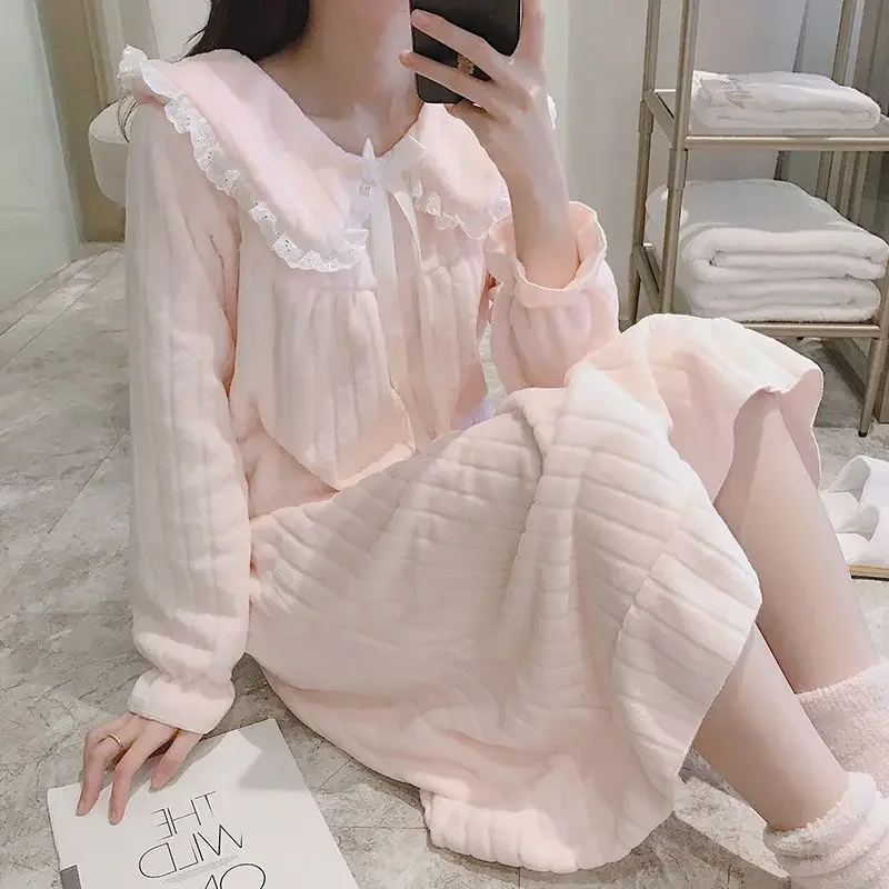 Fleece Women Nightgown Korean Ruffles Sleepwear Winter Night Dress Knee Length One Piece Pajamas Peter Pan Collar Warm Home Wear