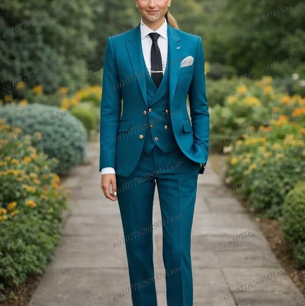 

New Blue Women Suits Lady Business Office Tuxedos Mother Wedding Party Formal Ladies 3 Piece Set Jacket Vest Pants