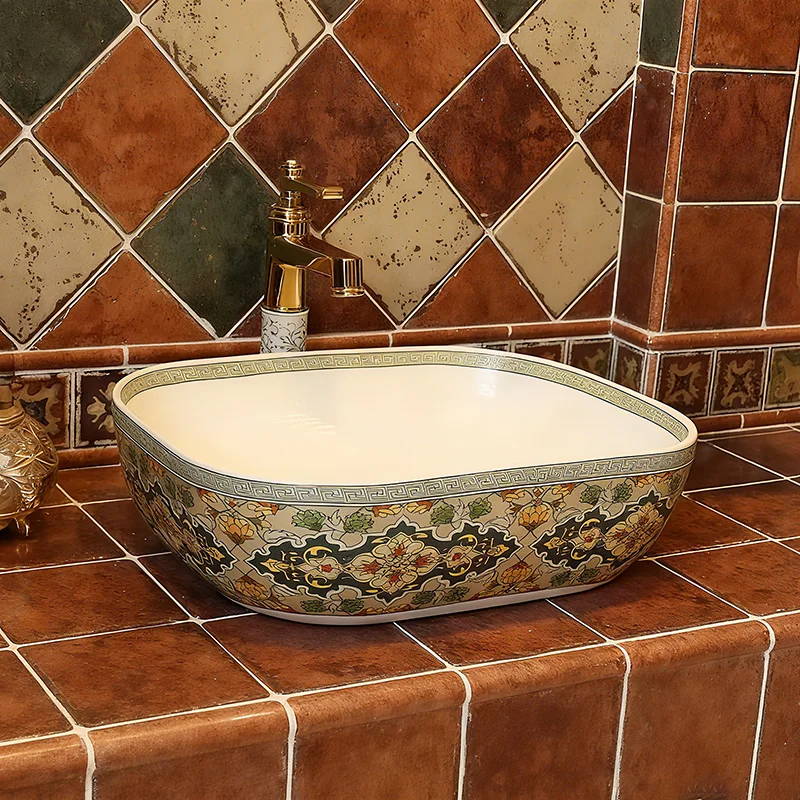 European Art Ceramic Countertop Basin, Vintage Hand Wash Sink for Bathroom, Home Vanity Washbasin