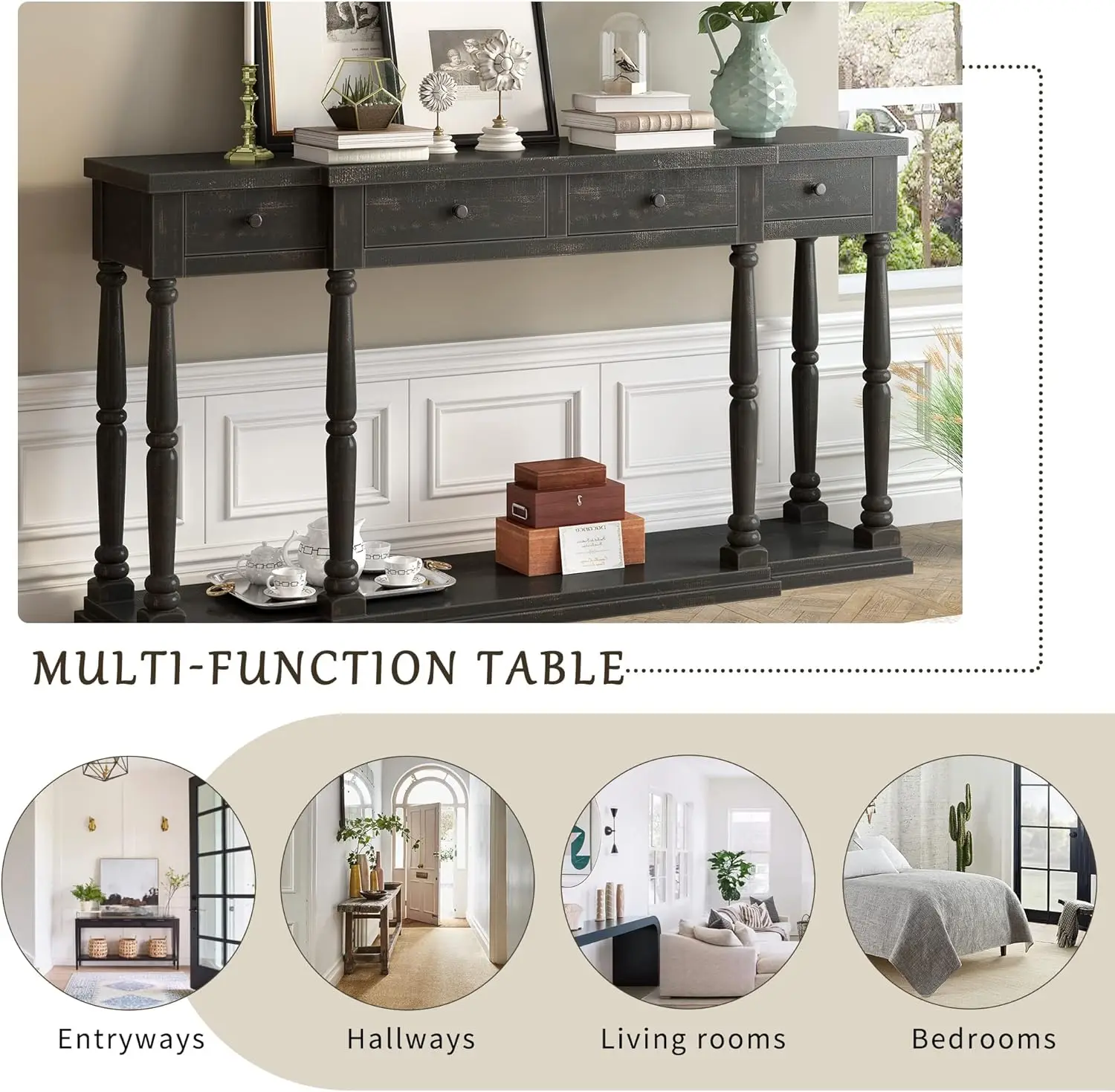 63" Rero Senior Console able  4 Fron Facing Sora Draers,ood Sideboard,ableop and 1 Shelf,for lay Living Roo