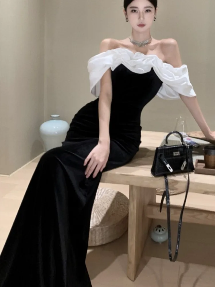 Sexy Bodycon Black Velvet Evening Party Dress Slash Neck Slim Mermaid Long Dresses for Women Prom Robe Wedding Vestidos Mujer