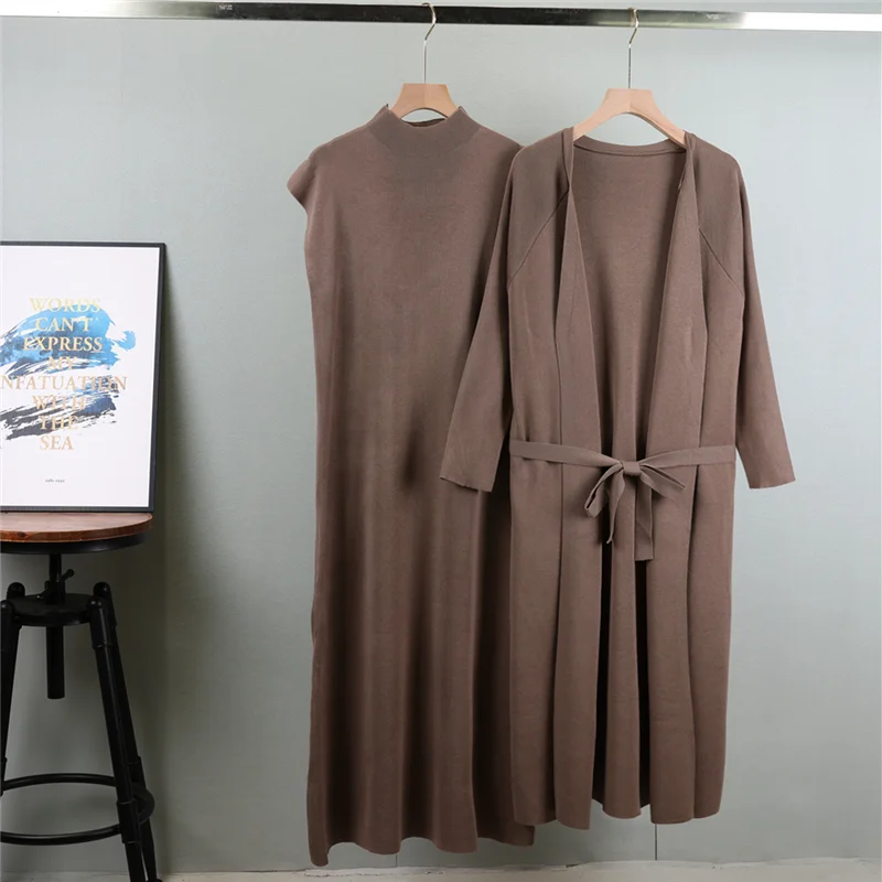 Women\'s 2024 Autumn Winter New Fashion Knitted Sleeveless Dress Matching Set Elegant Long Cardigan Dresss Two Piece Suit