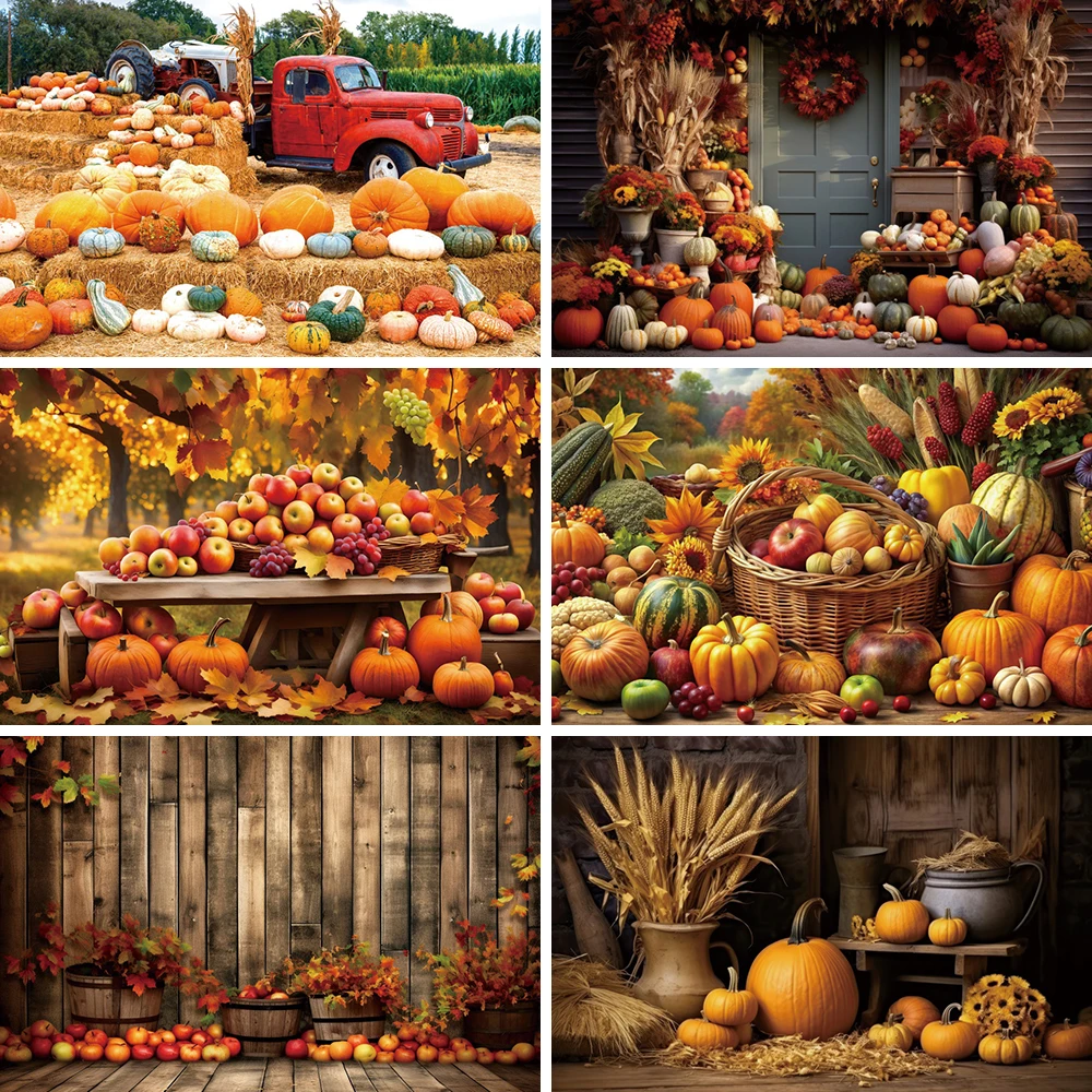 Autumn Harvest Party Pumpkin Farm Background Fruits Vegetable Straw Wooden Board Baby Halloween Eve Pumpkin Decoration Backdrop