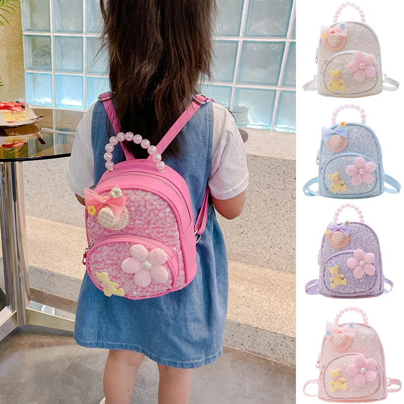 Children's Sequin Backpack Pearl Accessory Girls Backpack Kindergarten Girl Leisure Backpack Small Bags Girl's Birthday Gift