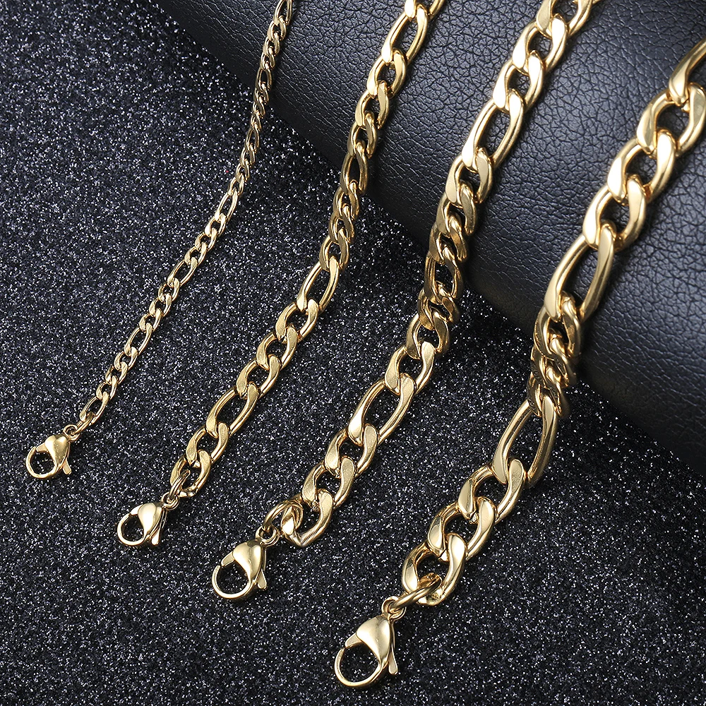 3mm//5mm/7mm/9mm Gold Silver Color Figaro Link Chain Stainless Steel Jewelry Classic Curb Bracelets for Men Women KBM171