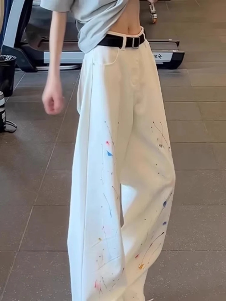 2025 outono novo masculino branco splatter pintura jeans estilo rua perna larga perna reta ligeiramente queimado calças jeans