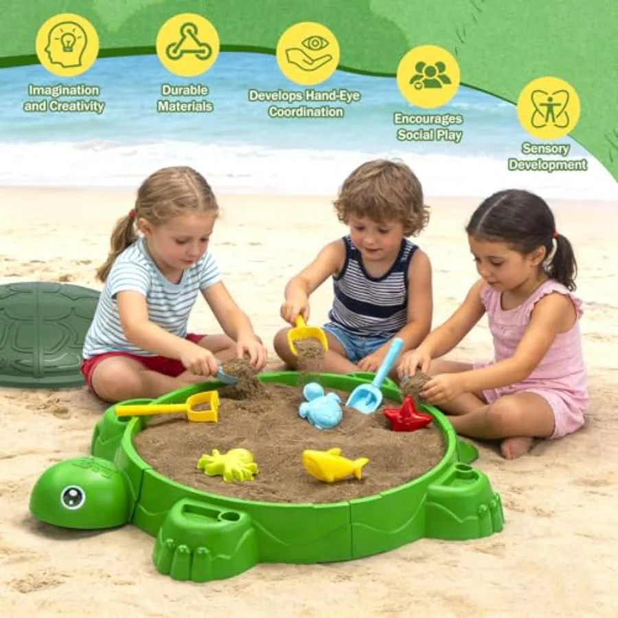 Turtle Sandbox with Lid Beach Toys Set, 38 Sandbox for Toddlers 3-8, Indoor Outdoor Sensory Play Sand Box with Cover, Summer Gi