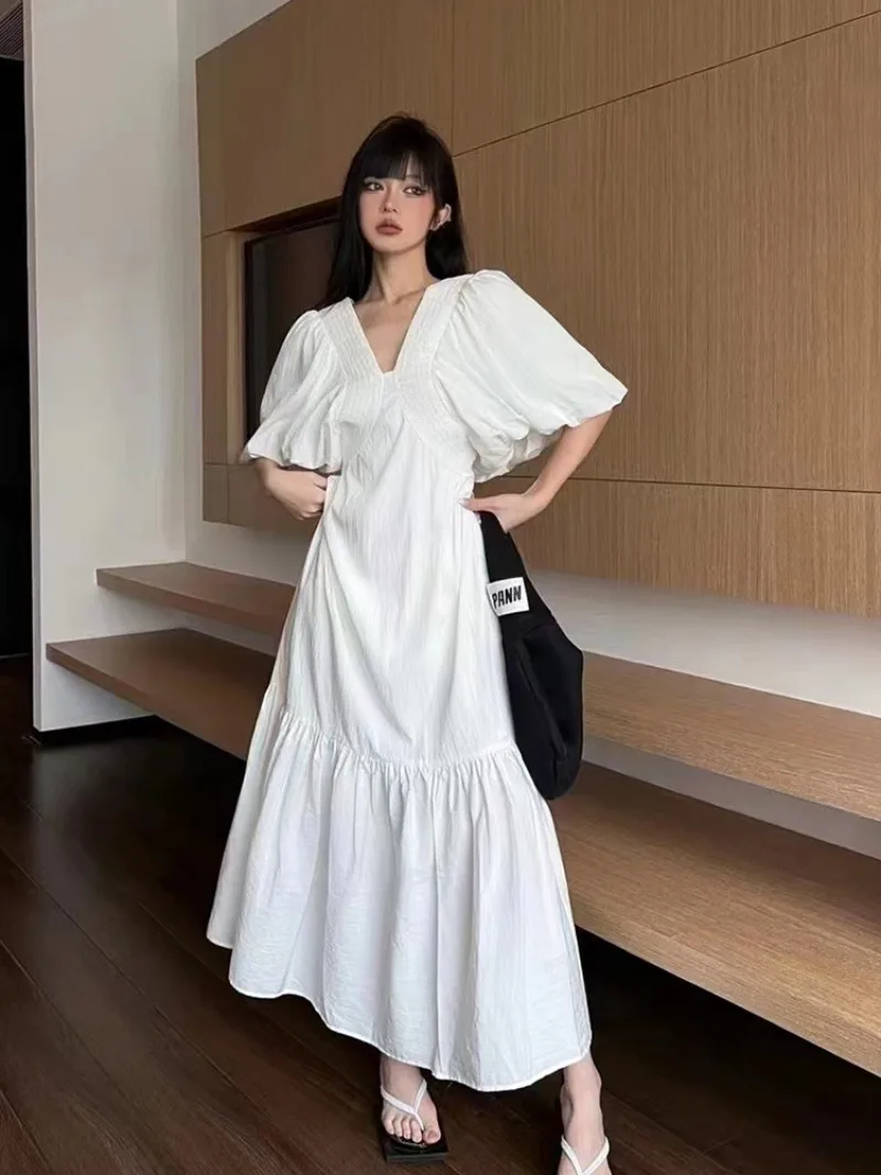 

Casual Short Puff Sleeves Mini Dress for Women Y2k Deep V Neck Solid Color A Line Dress 2024 Fall Babydoll Long Dress Streetwear