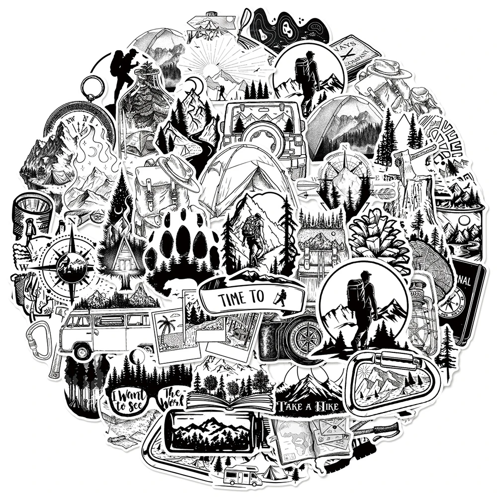 10/30/50 قطعة مضحك التنزه السفر تسلق الجبال ملصقات التخييم في الهواء الطلق أسود أبيض الكتابة على الجدران الشارات لحقيبة الهاتف المحمول