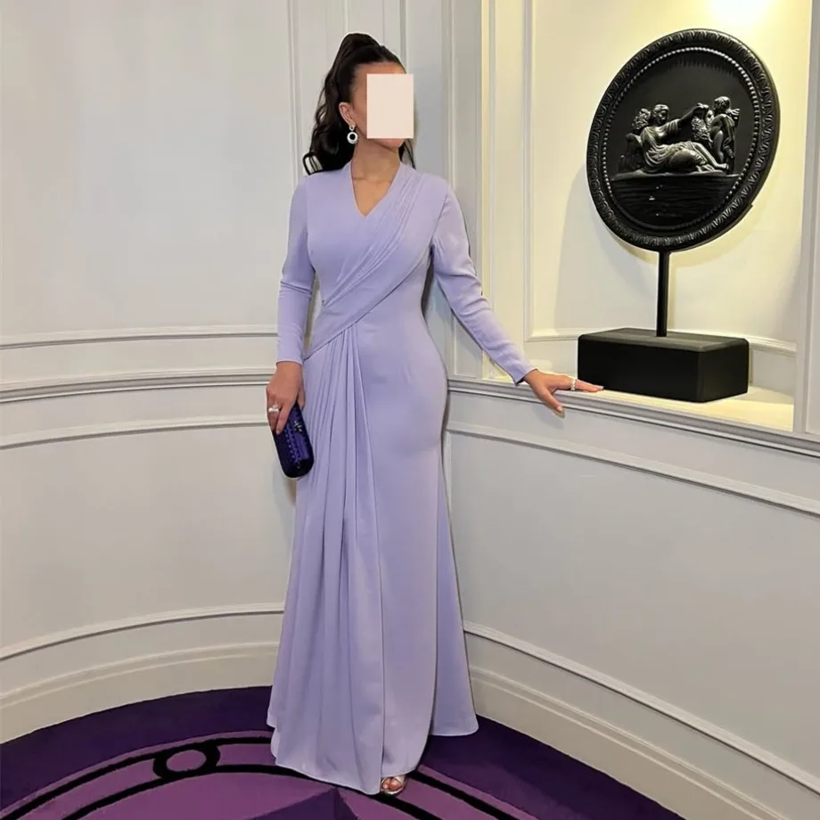 

Customized Long Sleeve Crepe Evening Dresses Mermaid V-Neckفساتين سهرة Floor Length Prom Dress for Women