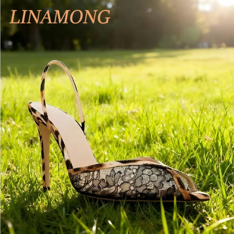 Lace Leopard Print Cool Mop Fashionable and Simple Black Pointed Toe One Foot Strap Temperament Slim High-Heeled Sandals