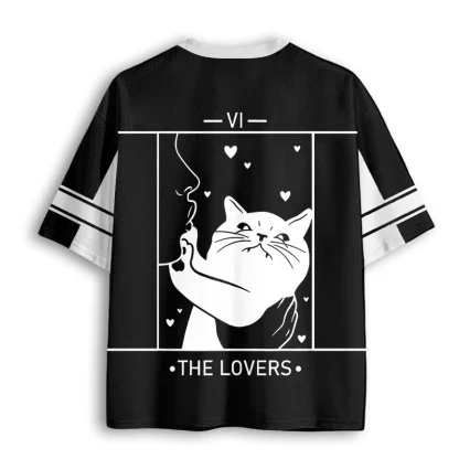 The Lovers Tarot Card Cat Graphic Mesh V Neck T-shirt Men Black White Art Summer Top