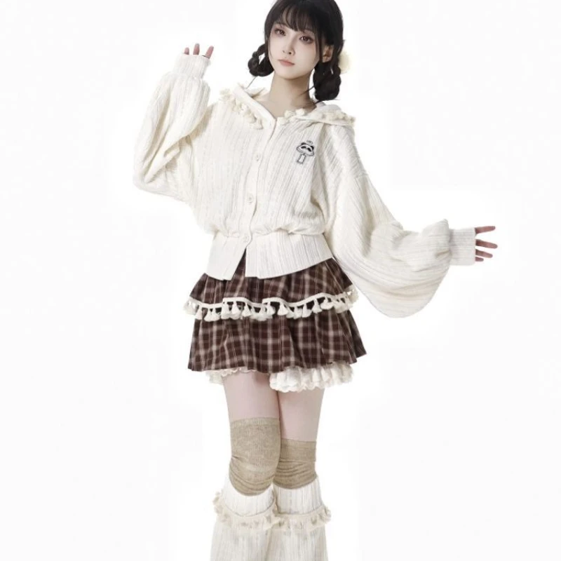 Kawaii Lolita Style 2 Piece Set Women Sweet Cute Cartoon Panda Knitted Hooded Coat Plaid Lace Mini Cake Skirts Harajuku Y2k Suit