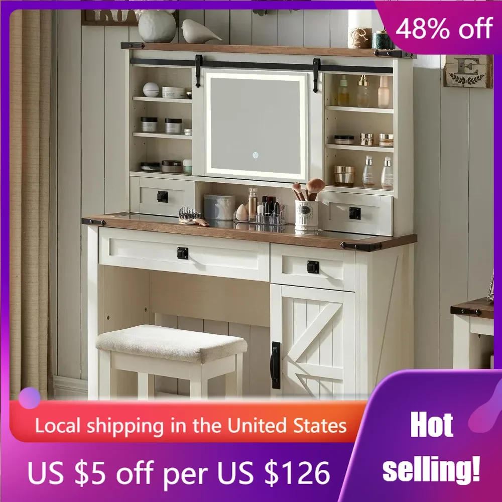 

Farmhouse Makeup Vanity Desk Sliding Mirror and Lights, 42'' Glass Tabletop Vanity Table 2 Drawers & Shelves, Antique White