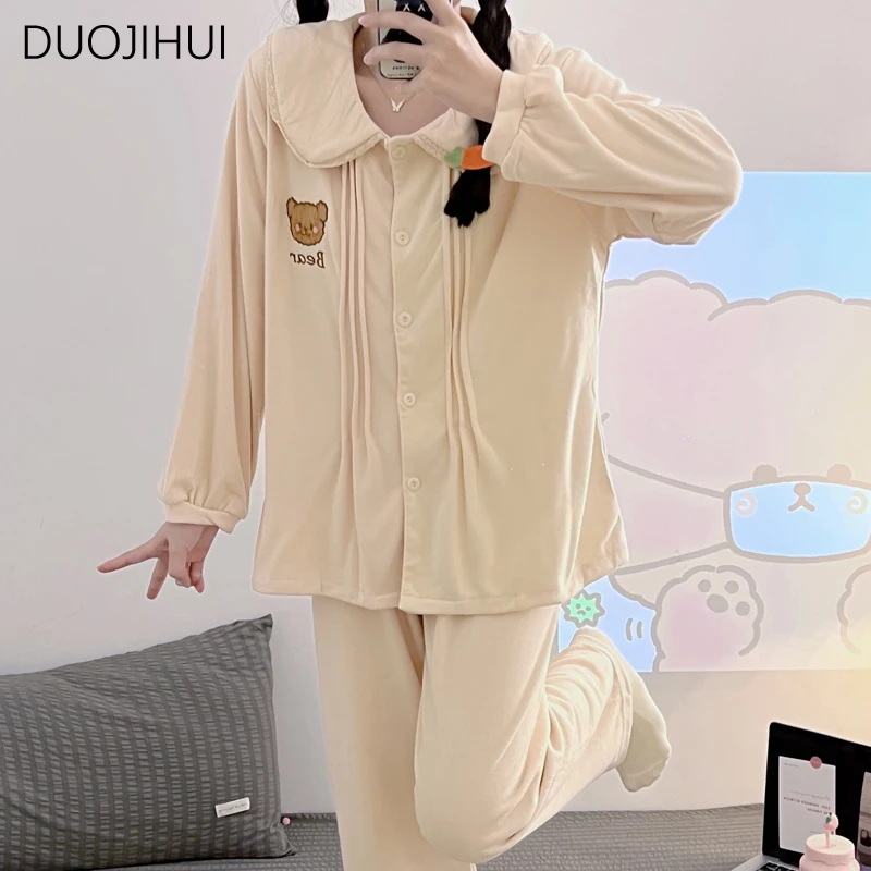 DUOJIHUI Two Piece Sweet Casual Home Pajamas for Women New Long Sleeve Cardigan Simple Pant Fashion Autumn Female Pajamas Set