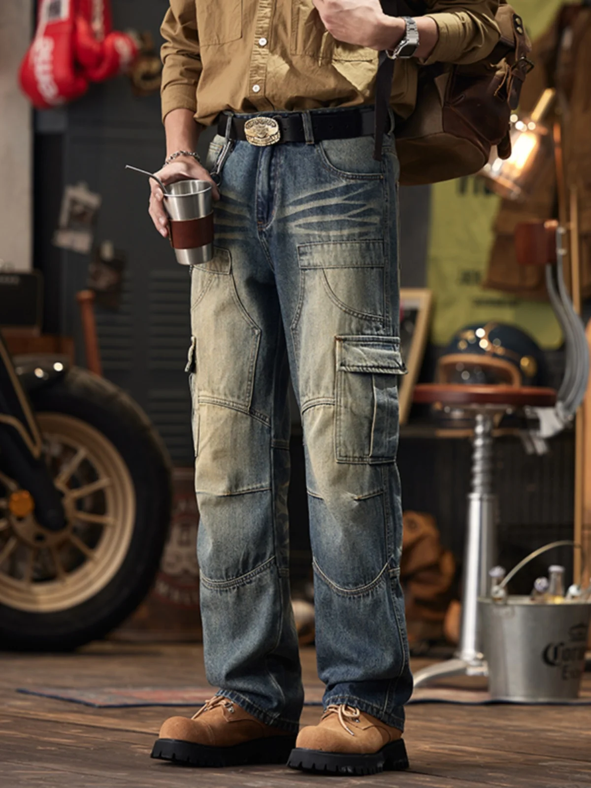 

Retro American Spliced Workwear Jeans Men's Loose Straight Leg Trendy Brand Waed Wide Leg Casual Long Pants Spring Autumn