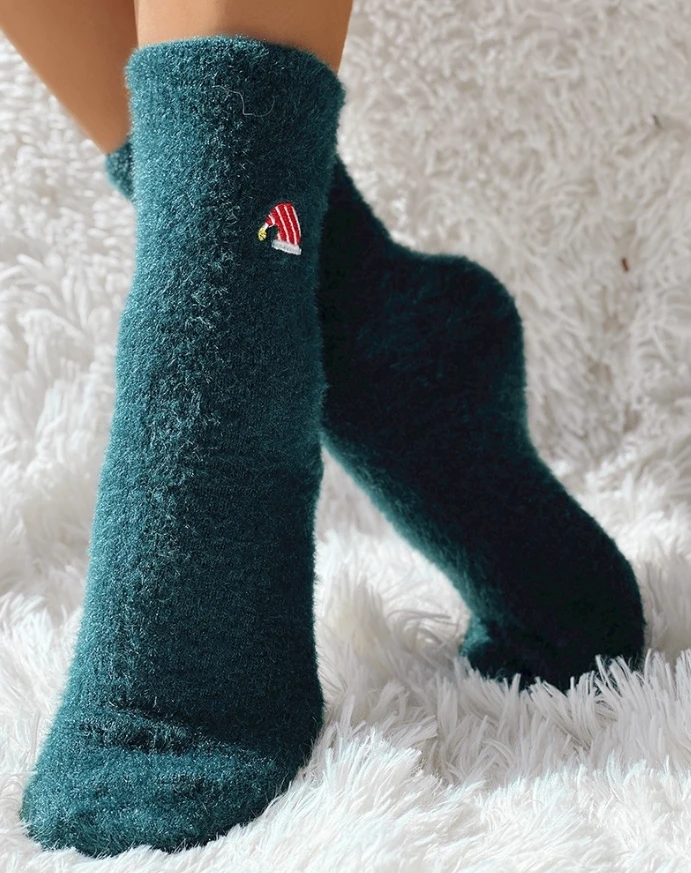 

4 Pairs Christmas Embroidery Fuzzy Socks Thick Thermal Slipper Socks