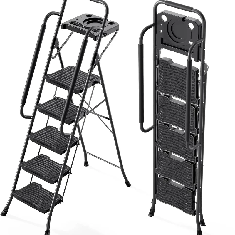 5 Steps With Tool Platform 900 Lbs Sturdy Handrail Wide Pedal Safety For Home Workshop Folding Steel Step Ladder