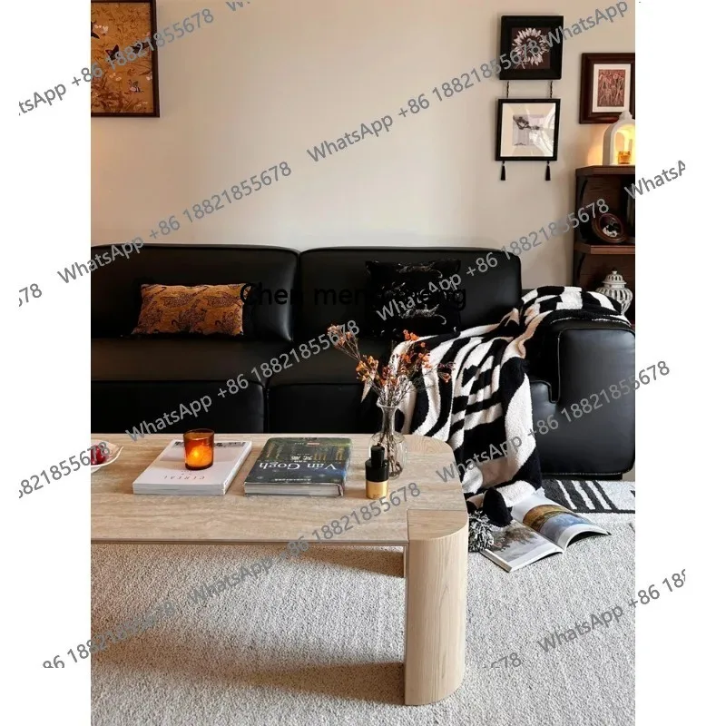 D178 d06 Nordic INS Coffee Table with Travertine Stone and White Ash Wood for Living Room, Vintage Style for Small Apartments