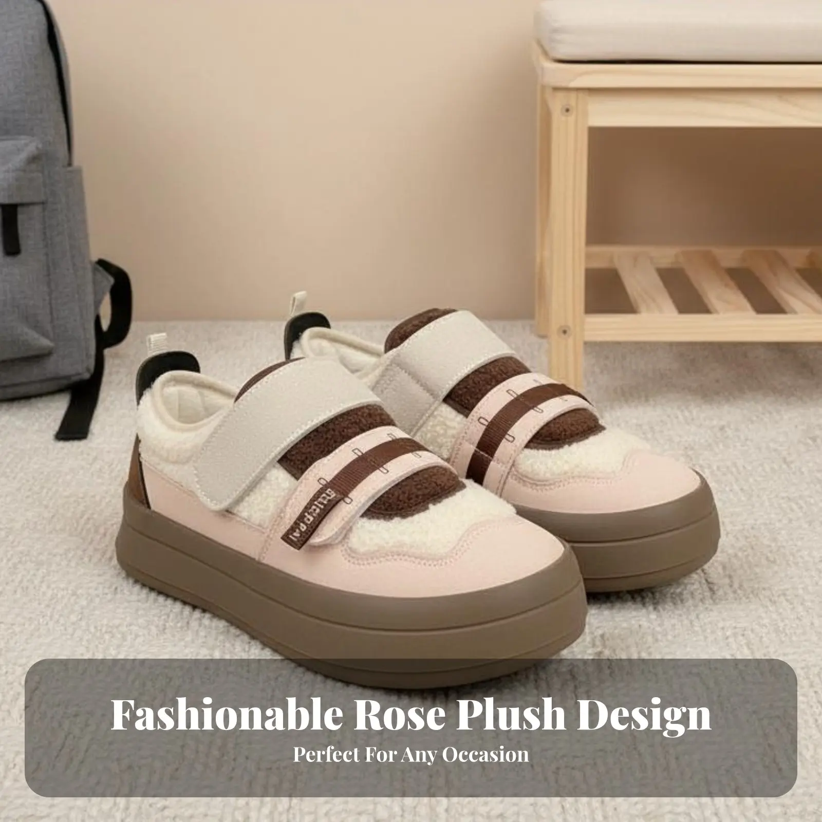 

Rose Fleece Athletic Shoes, Hook and Loop Board Shoes, Lamb Wool Lining, women's Chic Sporty Style, Student Casual, Autumn
