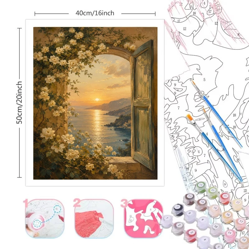 Oil Painting By Numbers Kits Arch White Rose Sunset Sea Number Drawing Canvas DIY Pictures By Numbers Home Decor