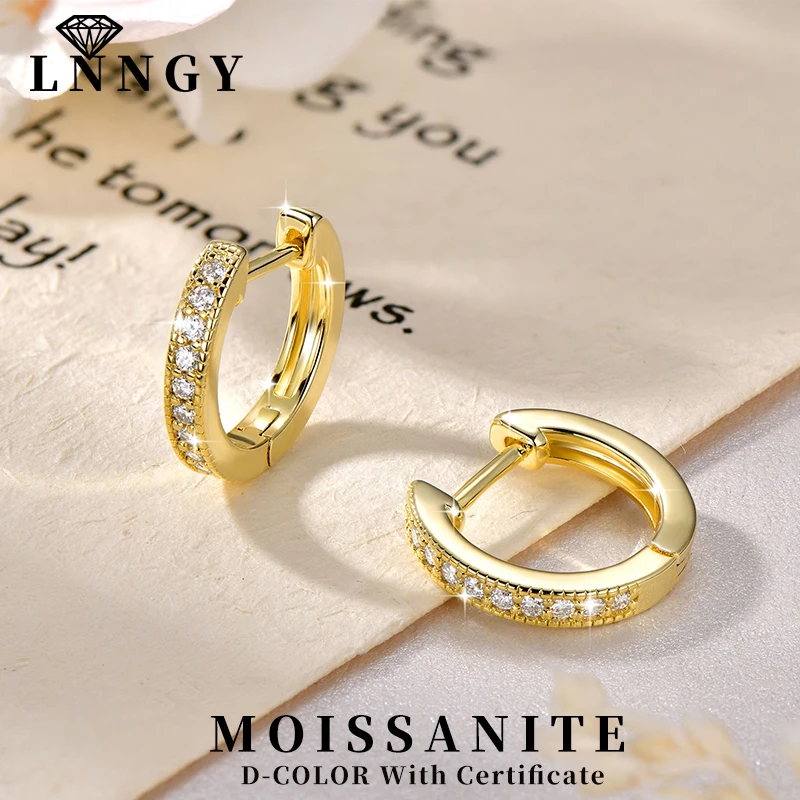 Lnngy Sparkling GRA Certificated Natural Moissanite Hoop Earrings For Women 14K Gold Filled Huggies Earring Wedding Jewelry - view 3