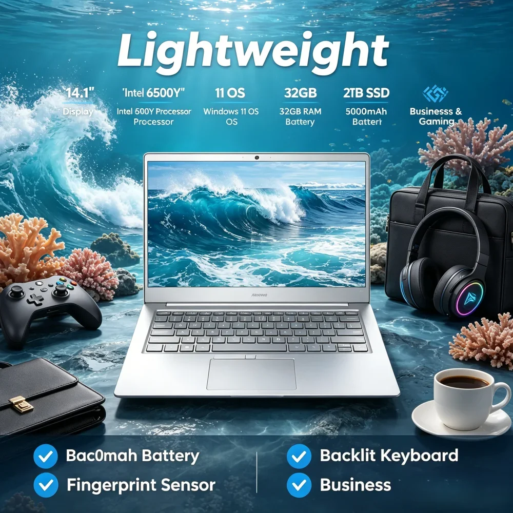 

Lightweight 14.1" Laptop Intel 6500Y Win11 32GB RAM 2TB SSD 5000mAh Backlit Keyboard Fingerprint Business Gaming Notebook
