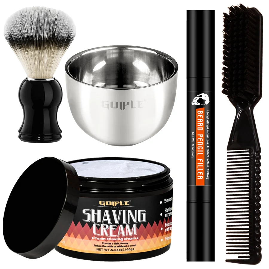 Men Beard Clean Shave Kit Shaving Cream Beard Filler Pen for Hair Eyebrow Eyelash Mustaches Facial Cleaning Shave Tools 5pcs/Set