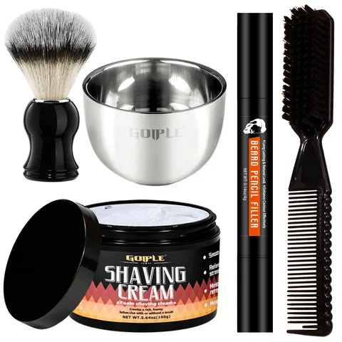 Men Beard Clean Shave Kit Shaving Cream Beard Filler Pen for Hair Eyebrow Eyelash Mustaches Facial Cleaning Shave Tools 5pcs/Set
