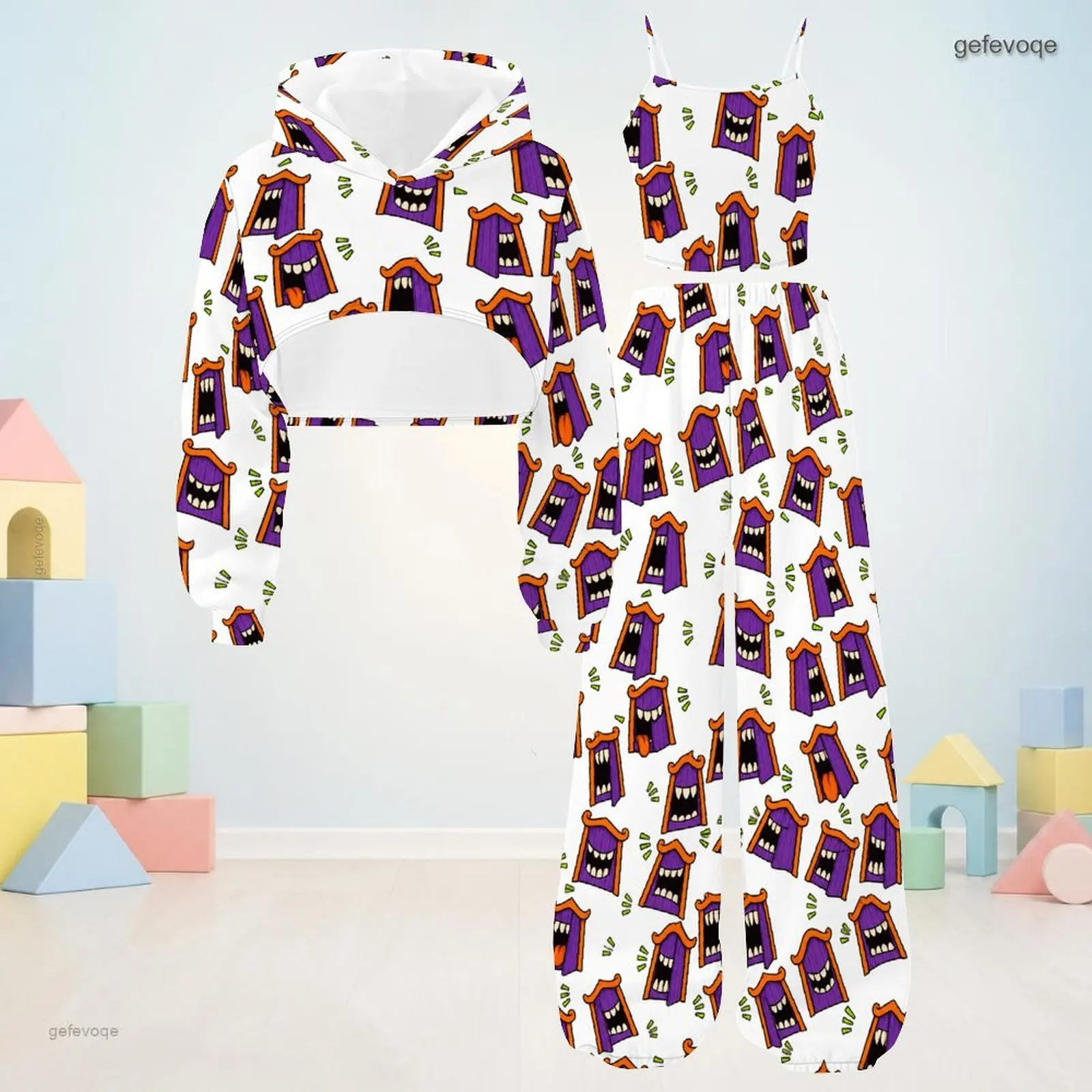 Autumn Graphic Print Girls 3 Piece Outfit Girls Hooded Spooky Cute Children Clothing Party Wear
