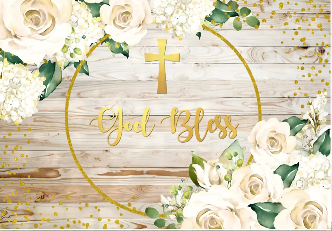 God Bless Backdrop Rustic Wood White Floral Photography Background First Holy Communion Baptism Christening Decorations Banner