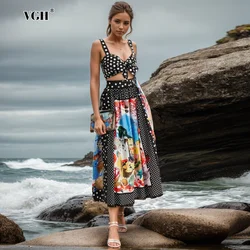 VGH Printing Two Piece Set For Women Square Collar Sleeveless Short Tops High Waist Printing A Line Skirts Vintage Sets Female