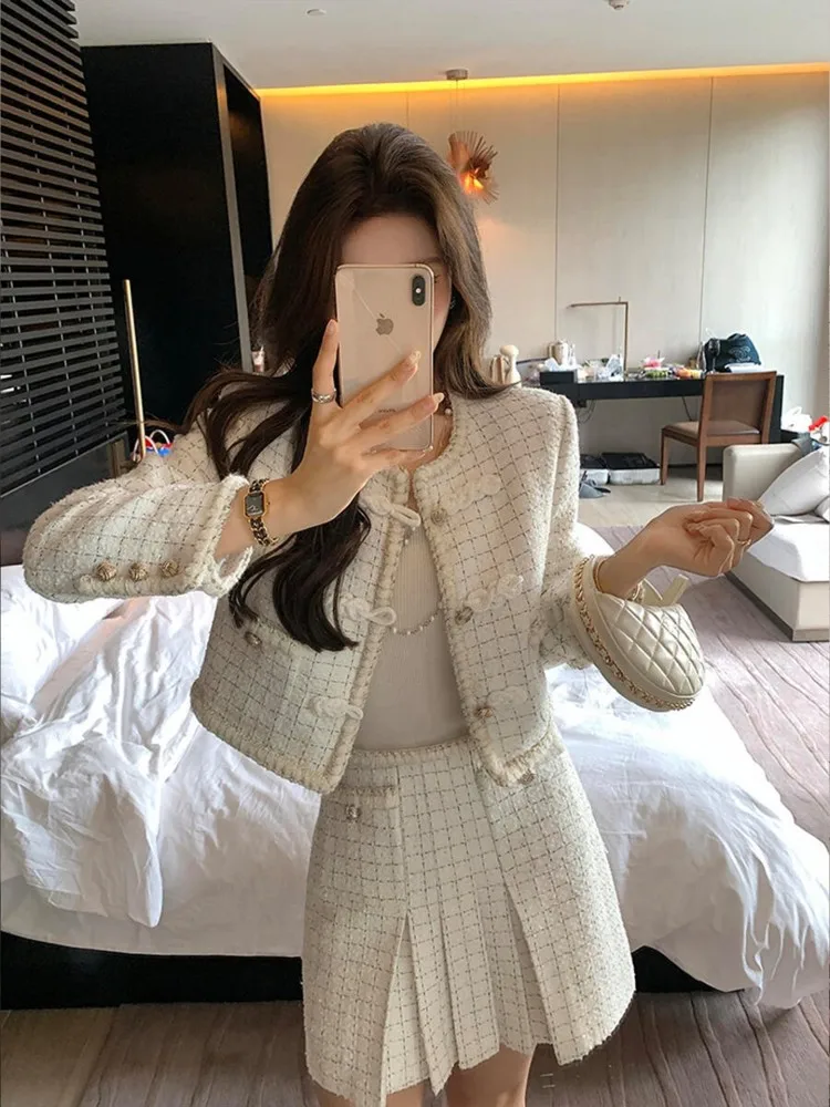 Ladies Plaid Single-breasted Jacket Skirt Two-Piece Set High-quality O Neck Coat Sets Autumn Winter Above Knee Skirts Outfits