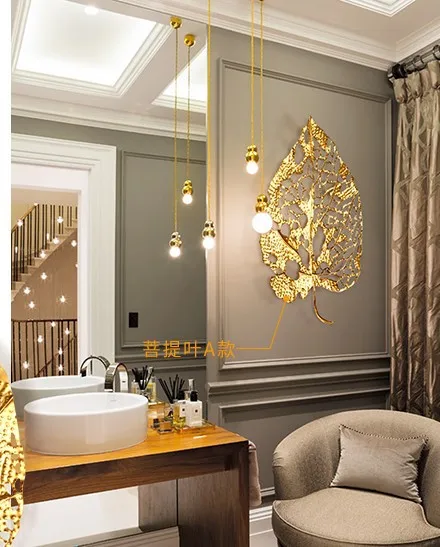 New Chinese Style Light Luxury Gold Zen Bodhi Leaf Iron Wrought Wall Decoration, Creative Living Room Entryway Ornament