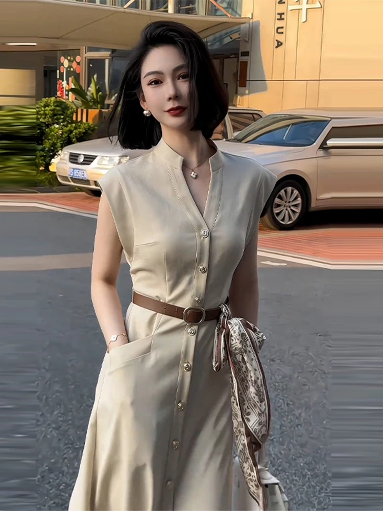 

Commuting Slim Fit Dress for Women's Summer V-neck Single Breasted Sleeveless Long Dress Fashion Female Clothes