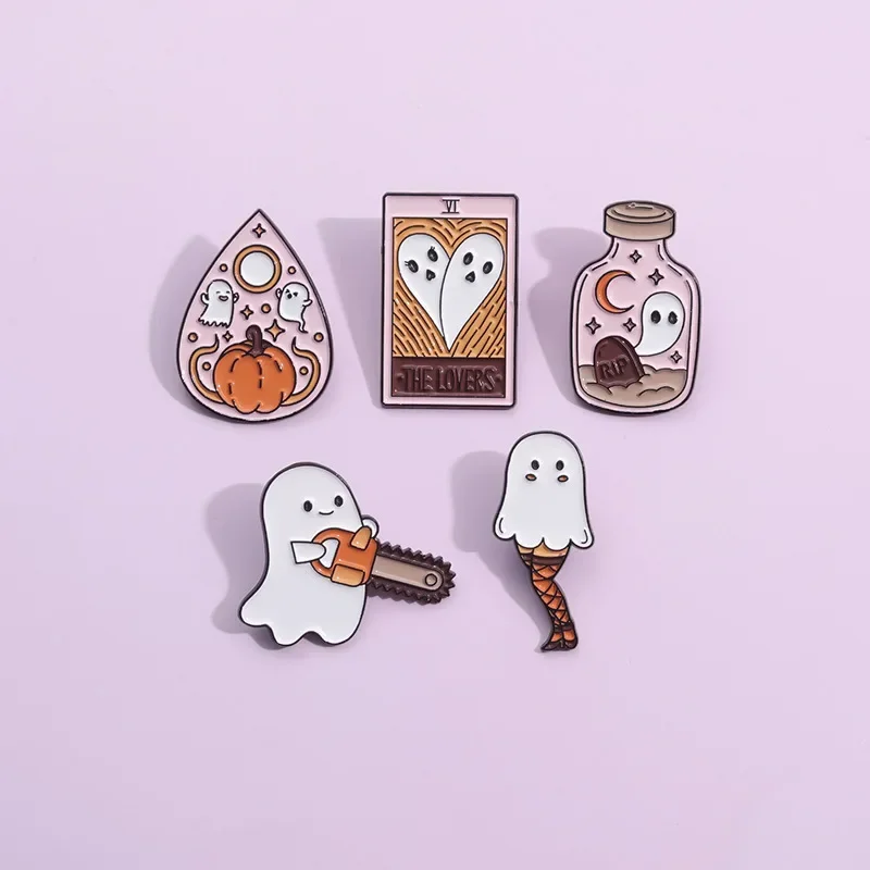 Ghost Tarot Enamel Pins Halloween Custom Boo Pumpkin Gothic Brooches Backpack Lapel Badges Jewelry Gift For Kid Wholesale