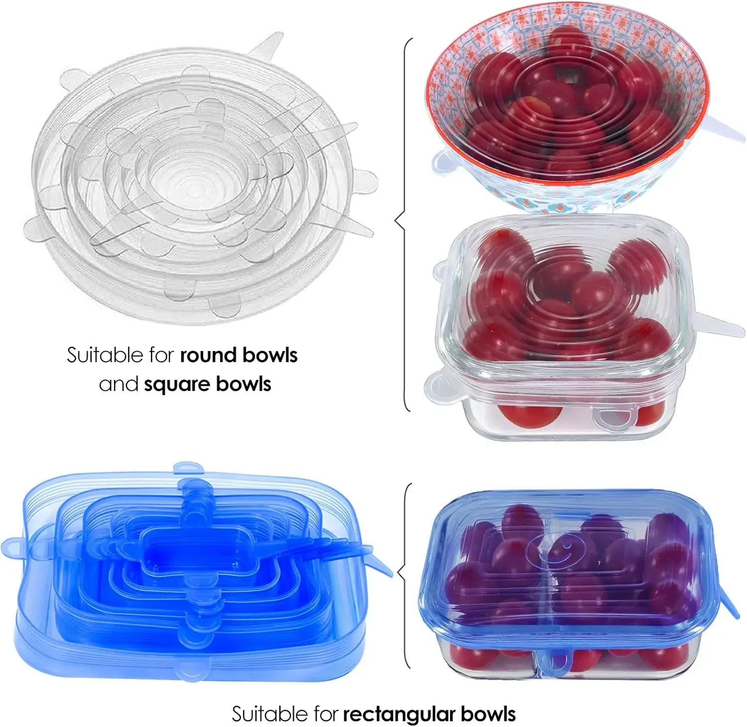 12pcs Silicone Stretch Lids Round Rectangle Magic Lids Reusable Food Covers for Bowls Cups Cans Shapes of Container Dishwasher