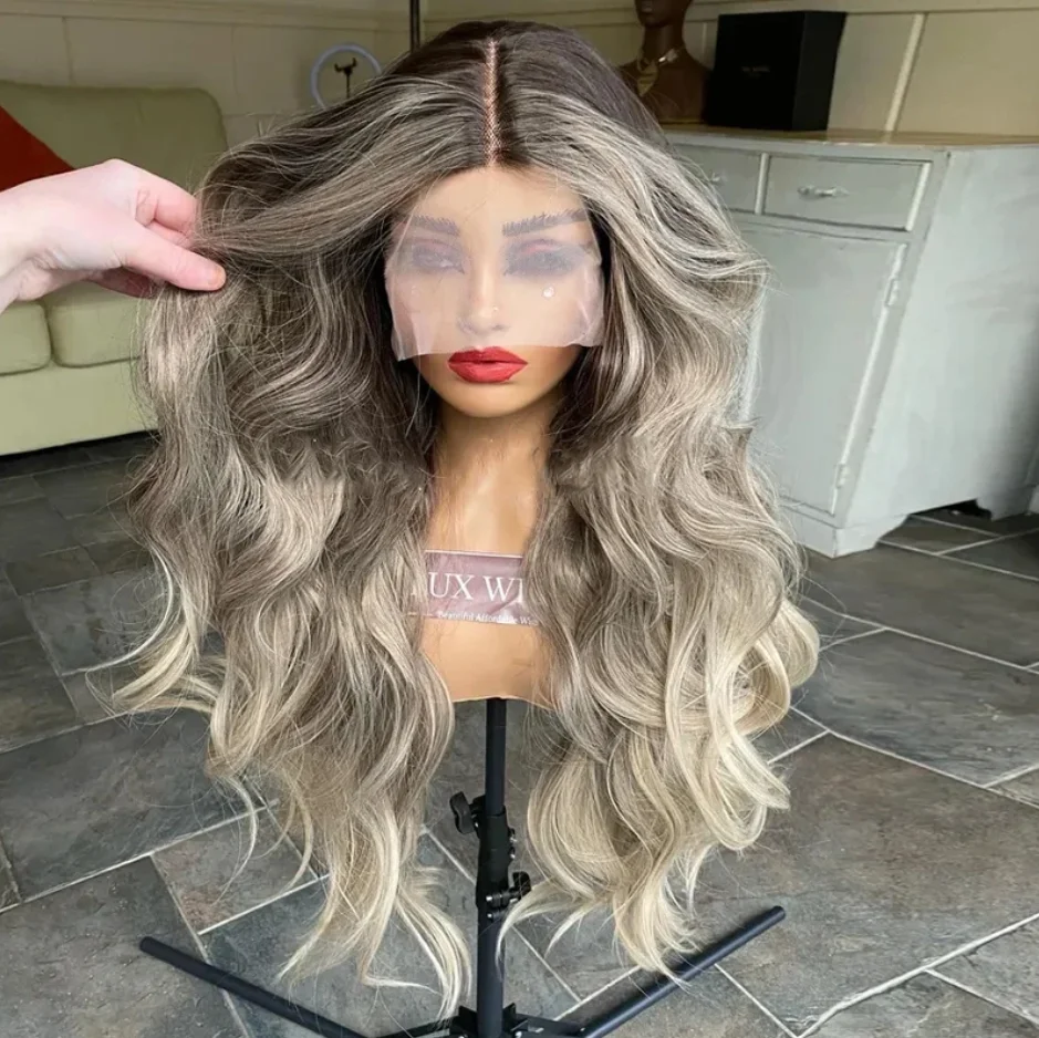 الرماد الداكن أومبير الاصطناعية 13x4 موجة فضفاضة HD الدانتيل شعر مستعار أمامي الجزء الأوسط الطبيعي قسط عالية الجودة شعر الطفل مقاومة للحرارة شعر مستعار